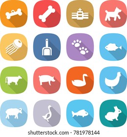 flat vector icon set - bone vector, hospital, dog, jellyfish, scoop, pets, fish, cow, pig, goose, chicken, sheep, rabbit