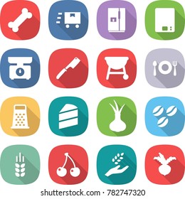 flat vector icon set - bone vector, fast deliver, fridge, kitchen scales, chef knife, bbq, fork spoon plate, grater, cake, onion, coffee seeds, spike, cherry, harvest, beet