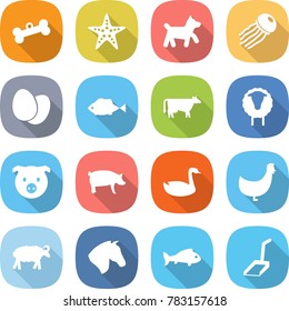 flat vector icon set - bone vector, starfish, dog, jellyfish, eggs, fish, cow, sheep, pig, goose, chicken, horse, scoop