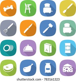 flat vector icon set - bone vector, Chair for babies, toaster, spatula, big fork, knife, meat hammer, plates, meal cap, cereals, pasta, steake, chicken leg, flour, cheese