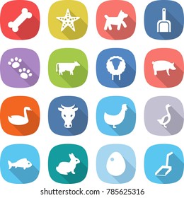 flat vector icon set - bone vector, starfish, dog, scoop, pets, cow, sheep, pig, goose, chicken, fish, rabbit, egg