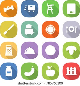 flat vector icon set - bone vector, fast deliver, Chair for babies, kitchen scales, spatula, toaster, gas oven, fork spoon plate, grater, meal cap, cookies, mushroom, flour, eggplant, apple