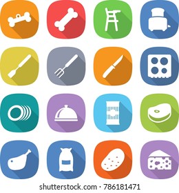flat vector icon set - bone vector, Chair for babies, toaster, spatula, big fork, knife, hob, plates, meal cap, pasta, steake, chicken leg, flour, potato, cheese