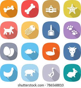 flat vector icon set - bone vector, hospital, starfish, dog, jellyfish, scoop, pets, eggs, fish, goose, cow, chicken, sheep, rabbit