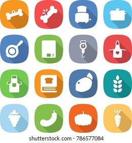 flat vector icon set - bone vector, broken, toaster, pan, kitchen scales, handle, apron, cooking book, lemon, spike, grape, eggplant, pumpkin, carrot