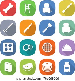 flat vector icon set - bone vector, Chair for babies, toaster, spatula, big fork, knife, meat hammer, hob, plates, sieve, meal cap, cereals, steake, pancakes, flour