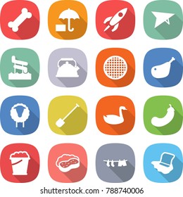 flat vector icon set - bone vector, insurance, rocket, deltaplane, aquapark, kettle, sieve, chicken leg, sheep, shovel, goose, eggplant, foam bucket, sponge with, drying clothes, floor washing