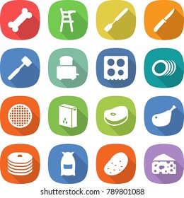 flat vector icon set - bone vector, Chair for babies, spatula, knife, meat hammer, toaster, hob, plates, sieve, cereals, steake, chicken leg, pancakes, flour, potato, cheese