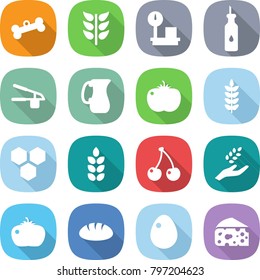 flat vector icon set - bone vector, spikelets, warehouse scales, vegetable oil, garlic clasp, jug, tomato, spike, honeycombs, cherry, harvest, bread, egg, cheese