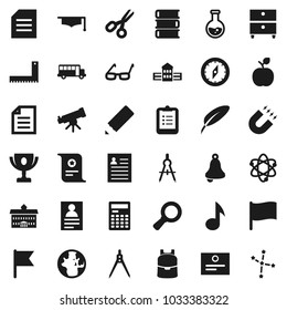 Flat vector icon set - book vector, graduate hat, pen, university, pencil, school building, corner ruler, drawing compass, glasses, backpack, apple fruit, atom, telescope, bell, calculator, magnet