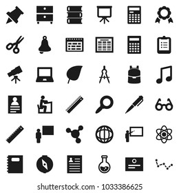Flat vector icon set - book vector, copybook, blackboard, ruler, drawing compass, glasses, student, backpack, atom, pen, telescope, bell, calculator, notebook pc, schedule, clipboard, paper pin