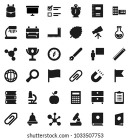 Flat vector icon set - book vector, copybook, pen, school building, blackboard, corner ruler, backpack, apple fruit, telescope, microscope, bell, table lamp, calculator, alarm clock, compass, magnet
