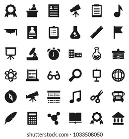 Flat vector icon set - book vector, graduate hat, pen, university, school building, ruler, glasses, student, atom, telescope, microscope, calculator, alarm clock, clipboard, compass, medal, scissors
