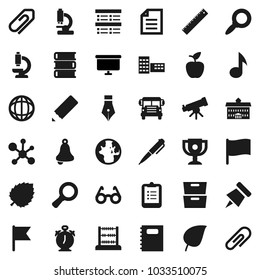 Flat vector icon set - book vector, copybook, pen, university, pencil, school building, ruler, glasses, apple fruit, telescope, bell, alarm clock, clipboard, paper pin, award cup, bus, abacus, music