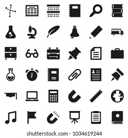 Flat vector icon set - book vector, copybook, graduate hat, pen, pencil, ruler, glasses, case, backpack, bell, calculator, notebook pc, alarm clock, schedule, clipboard, paper pin, magnet, music