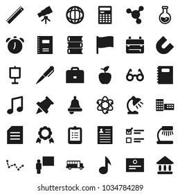 Flat vector icon set - book vector, copybook, school building, blackboard, ruler, glasses, case, backpack, apple fruit, atom, pen, telescope, bell, table lamp, calculator, alarm clock, clipboard