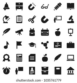 Flat vector icon set - book vector, copybook, graduate hat, pen, pencil, blackboard, glasses, case, backpack, apple fruit, telescope, microscope, bell, table lamp, calculator, notebook pc, clipboard