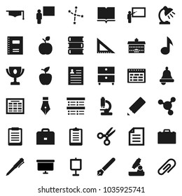 Flat vector icon set - book vector, copybook, graduate hat, pen, university, pencil, blackboard, corner ruler, case, apple fruit, microscope, bell, table lamp, schedule, clipboard, award cup, music