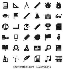 Flat vector icon set - book vector, graduate hat, pen, university, pencil, school building, corner ruler, drawing compass, glasses, student, backpack, bell, table lamp, alarm clock, clipboard, medal