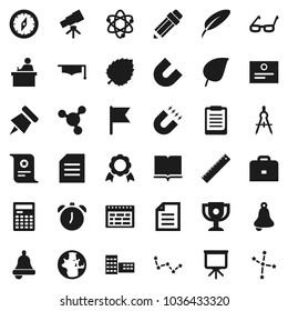 Flat vector icon set - book vector, graduate hat, pen, pencil, school building, ruler, drawing compass, glasses, student, case, atom, telescope, bell, calculator, alarm clock, schedule, clipboard