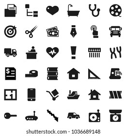 Flat vector icon set - book vector, pen, corner ruler, student, school bus, crisis, annual report, measuring, money, ship, car, document, cargo, film spool, radio, mobile phone, touchscreen, heart