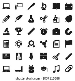 Flat vector icon set - book vector, graduate hat, pen, pencil, blackboard, corner ruler, student, case, backpack, atom, microscope, calculator, notebook pc, alarm clock, award cup, medal, magnet