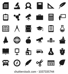 Flat vector icon set - book vector, copybook, graduate hat, pen, school building, blackboard, corner ruler, drawing compass, student, case, apple fruit, telescope, microscope, bell, calculator, bus