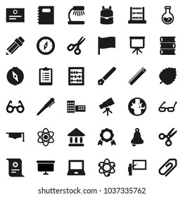 Flat vector icon set - book vector, copybook, graduate hat, pen, pencil, school building, blackboard, ruler, glasses, backpack, atom, telescope, bell, table lamp, notebook pc, compass, medal, abacus