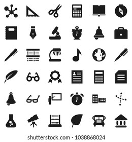 Flat vector icon set - book vector, copybook, pen, school building, blackboard, corner ruler, glasses, case, telescope, microscope, bell, table lamp, calculator, alarm clock, compass, medal, bus