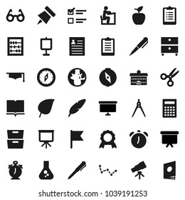 Flat vector icon set - book vector, graduate hat, pen, university, drawing compass, glasses, student, apple fruit, telescope, calculator, alarm clock, paper pin, medal, scissors, abacus, world, flag