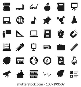 Flat vector icon set - book vector, copybook, pencil, blackboard, corner ruler, glasses, student, case, apple fruit, telescope, bell, notebook pc, alarm clock, schedule, paper pin, compass, magnet