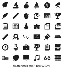 Flat vector icon set - book vector, pen, university, school building, ruler, glasses, case, apple fruit, telescope, microscope, bell, table lamp, alarm clock, schedule, clipboard, paper pin, compass