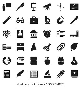 Flat vector icon set - book vector, pen, pencil, school building, blackboard, corner ruler, glasses, case, backpack, apple fruit, atom, telescope, microscope, bell, table lamp, calculator, schedule