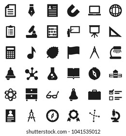 Flat vector icon set - book vector, pen, school building, blackboard, corner ruler, drawing compass, glasses, case, atom, microscope, bell, table lamp, calculator, notebook pc, medal, magnet, abacus