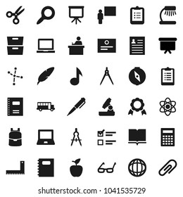 Flat vector icon set - book vector, copybook, pen, blackboard, corner ruler, drawing compass, glasses, student, backpack, apple fruit, atom, microscope, table lamp, calculator, notebook pc, medal