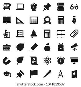 Flat vector icon set - book vector, graduate hat, pen, university, pencil, corner ruler, drawing compass, glasses, student, backpack, apple fruit, atom, telescope, bell, calculator, notebook pc