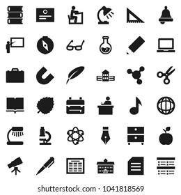 Flat vector icon set - book vector, pen, university, pencil, school building, blackboard, corner ruler, glasses, student, case, backpack, apple fruit, atom, telescope, microscope, bell, table lamp