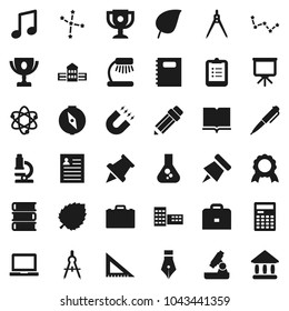 Flat vector icon set - book vector, copybook, pen, pencil, school building, corner ruler, drawing compass, case, atom, microscope, table lamp, calculator, notebook pc, clipboard, paper pin, medal