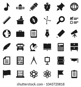 Flat vector icon set - book vector, graduate hat, pen, pencil, school building, ruler, drawing compass, student, case, atom, telescope, table lamp, calculator, alarm clock, clipboard, paper pin, bus