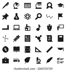 Flat vector icon set - book vector, copybook, graduate hat, pen, pencil, blackboard, corner ruler, student, case, atom, microscope, table lamp, notebook pc, alarm clock, schedule, paper pin, compass