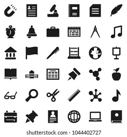 Flat vector icon set - book vector, copybook, pen, school building, ruler, drawing compass, glasses, case, backpack, apple fruit, microscope, bell, notebook pc, alarm clock, schedule, paper pin
