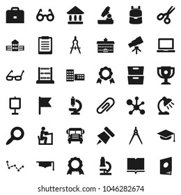 Flat vector icon set - book vector, graduate hat, university, school building, drawing compass, glasses, student, case, backpack, telescope, microscope, table lamp, notebook pc, clipboard, paper pin