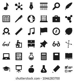 Flat vector icon set - book vector, copybook, graduate hat, pen, pencil, ruler, glasses, student, case, apple fruit, calculator, notebook pc, schedule, paper pin, compass, medal, abacus, music, flag