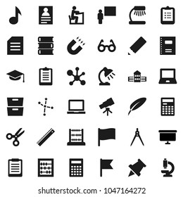 Flat vector icon set - book vector, copybook, graduate hat, pen, pencil, school building, blackboard, ruler, drawing compass, glasses, student, telescope, table lamp, calculator, notebook pc, magnet