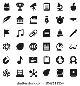 Flat vector icon set - book vector, graduate hat, pen, glasses, backpack, apple fruit, atom, telescope, microscope, bell, table lamp, alarm clock, clipboard, award cup, medal, certificate, magnet