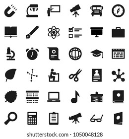 Flat vector icon set - book vector, graduate hat, pen, university, blackboard, glasses, student, case, atom, telescope, microscope, table lamp, calculator, notebook pc, alarm clock, schedule, magnet