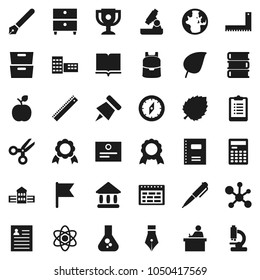 Flat vector icon set - book vector, copybook, pen, school building, corner ruler, student, backpack, apple fruit, atom, microscope, calculator, schedule, paper pin, compass, award cup, medal, world