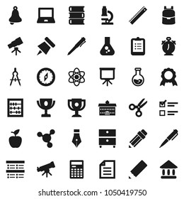 Flat vector icon set - book vector, pen, university, pencil, ruler, drawing compass, backpack, apple fruit, atom, telescope, microscope, bell, calculator, notebook pc, alarm clock, clipboard, medal