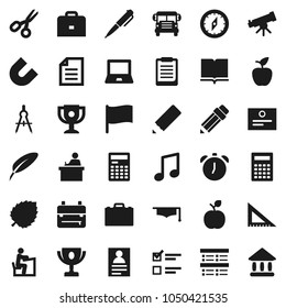 Flat vector icon set - book vector, graduate hat, pen, pencil, corner ruler, drawing compass, student, case, backpack, apple fruit, telescope, calculator, notebook pc, alarm clock, clipboard, magnet