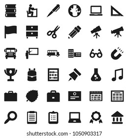 Flat vector icon set - book vector, pencil, school building, blackboard, corner ruler, glasses, student, case, backpack, pen, telescope, notebook pc, schedule, clipboard, paper pin, award cup, medal